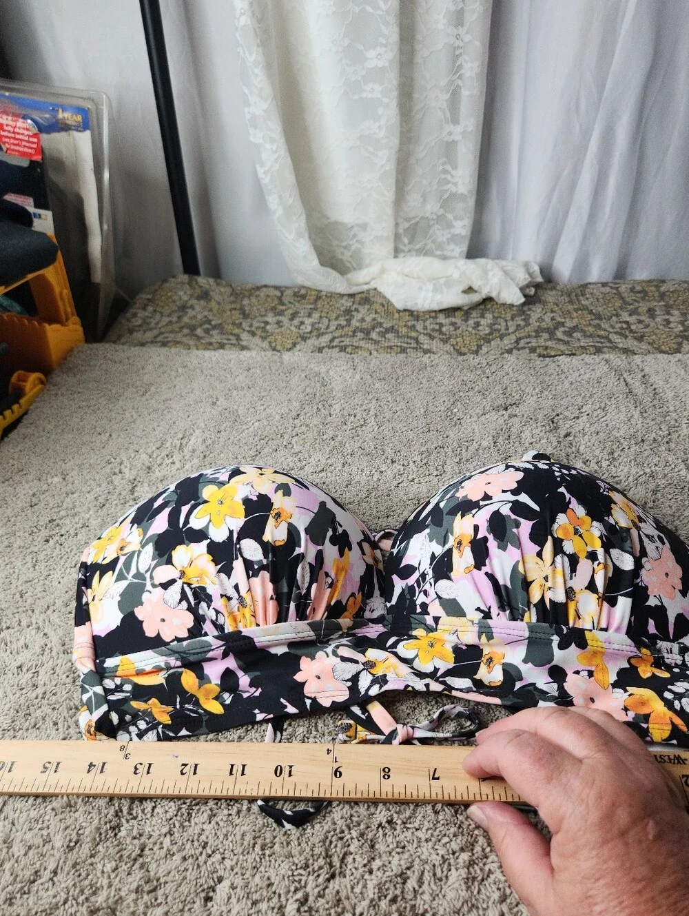 Floral V-Neck Crop Swim Top in Black and Yellow - Women Tops - Decree - 0X